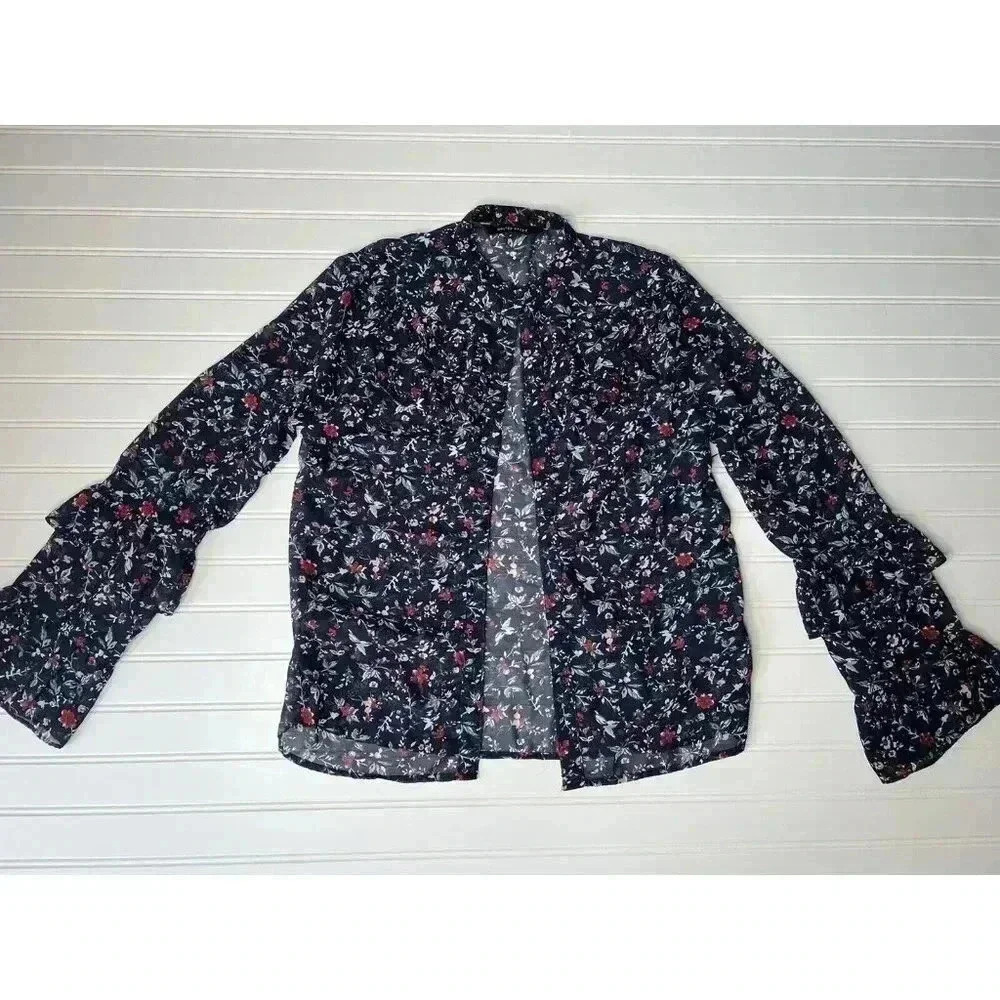 Walter Baker Floral Ruffle Long Sleeve Blouse Sheer Navy Blue Small Women 239